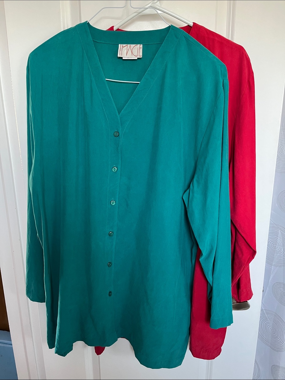 Two Silk Button-Down Tunic Blouses